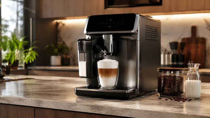 Cafetera Philips 5400 LatteGo preparando un cappuccino con leche en una cocina moderna