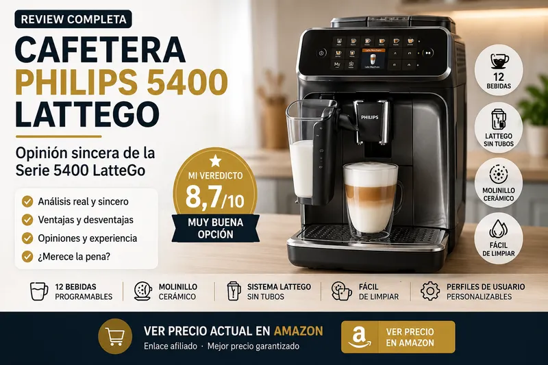 Cafetera Philips 5400 LatteGo con análisis, 12 bebidas, sistema LatteGo y molinillo cerámico