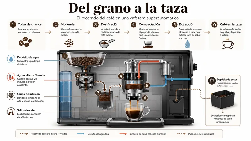 Diagrama del funcionamiento de una cafetera superautomática desde la molienda del grano hasta la preparación del café y la expulsión de los posos