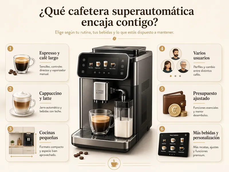 Infografía para elegir una cafetera superautomática según el tipo de café, el espacio, el presupuesto y el número de usuarios