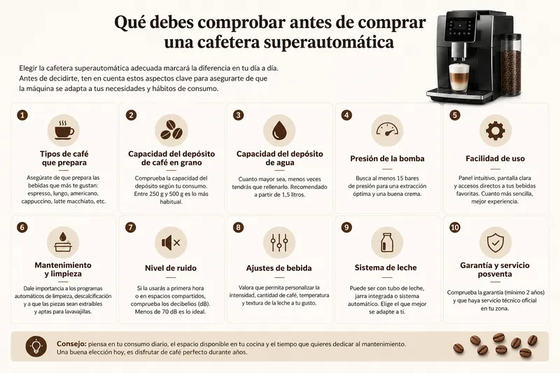 Infografía con los aspectos que debes comprobar antes de comprar una cafetera superautomática, como bebidas, capacidad, leche, ajustes, limpieza y servicio posventa