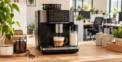 Cafetera superautomática preparando café en una zona de descanso de oficina