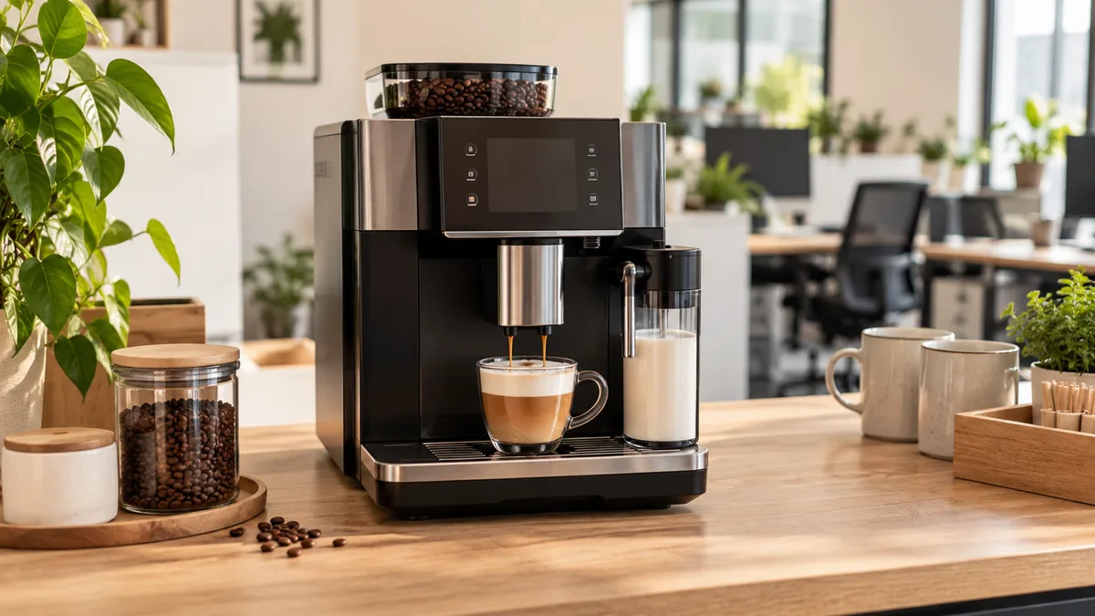 Cafetera superautomática preparando café en una zona de descanso de oficina
