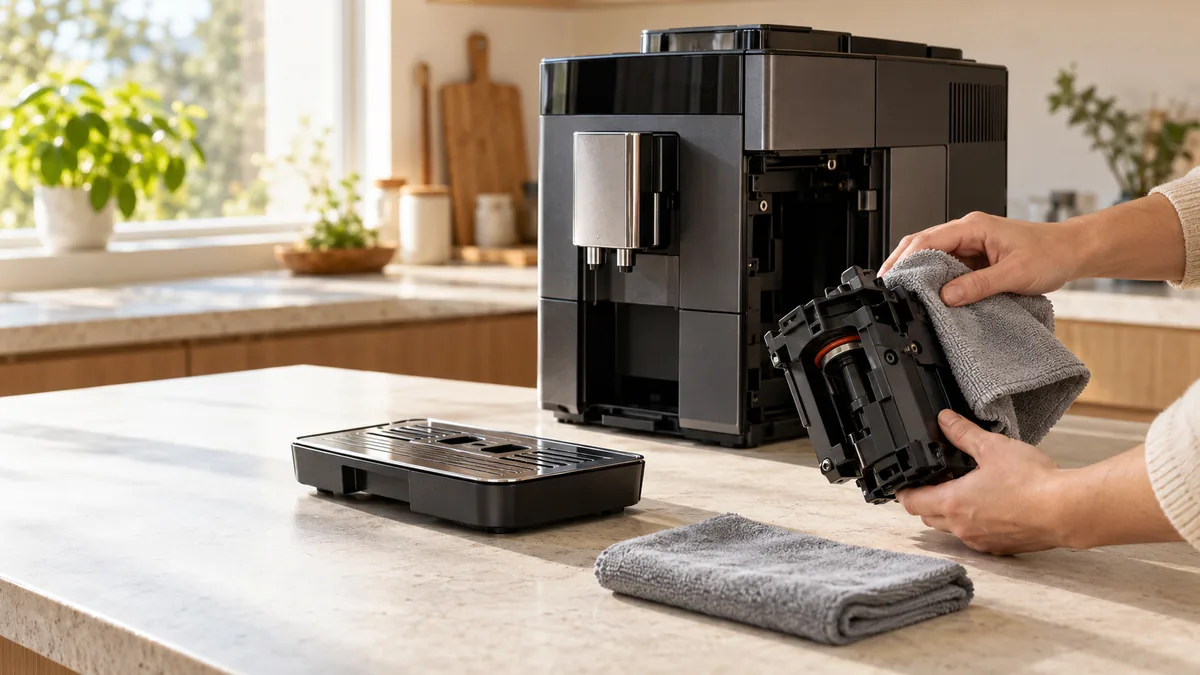 Una persona limpia con un paño de microfibra el grupo de infusión extraíble de una cafetera superautomática.