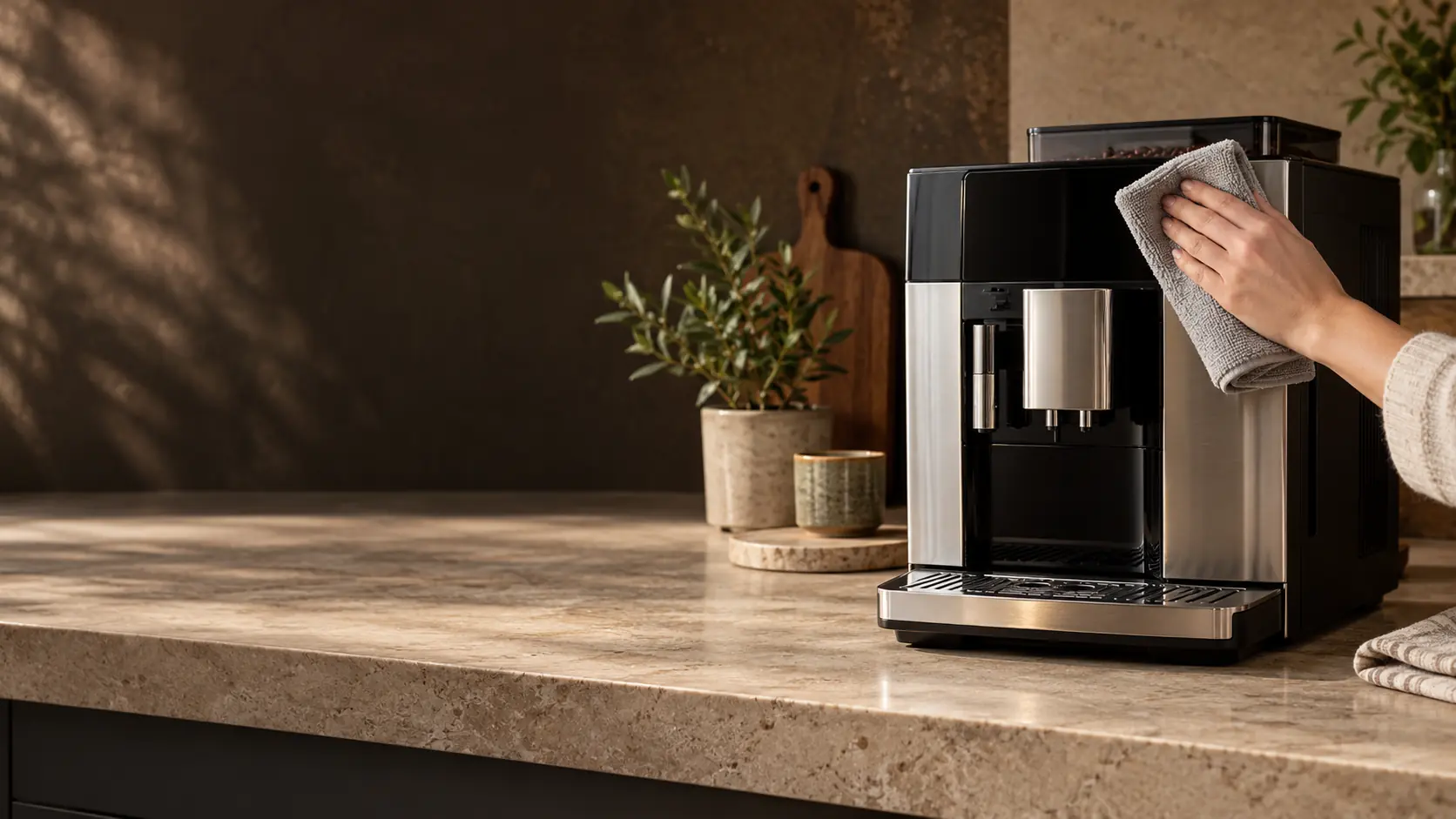 Limpieza exterior de una cafetera superautomática con un paño de microfibra
