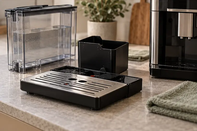 Depósito de agua, bandeja recogegotas y recipiente de posos extraídos para su limpieza