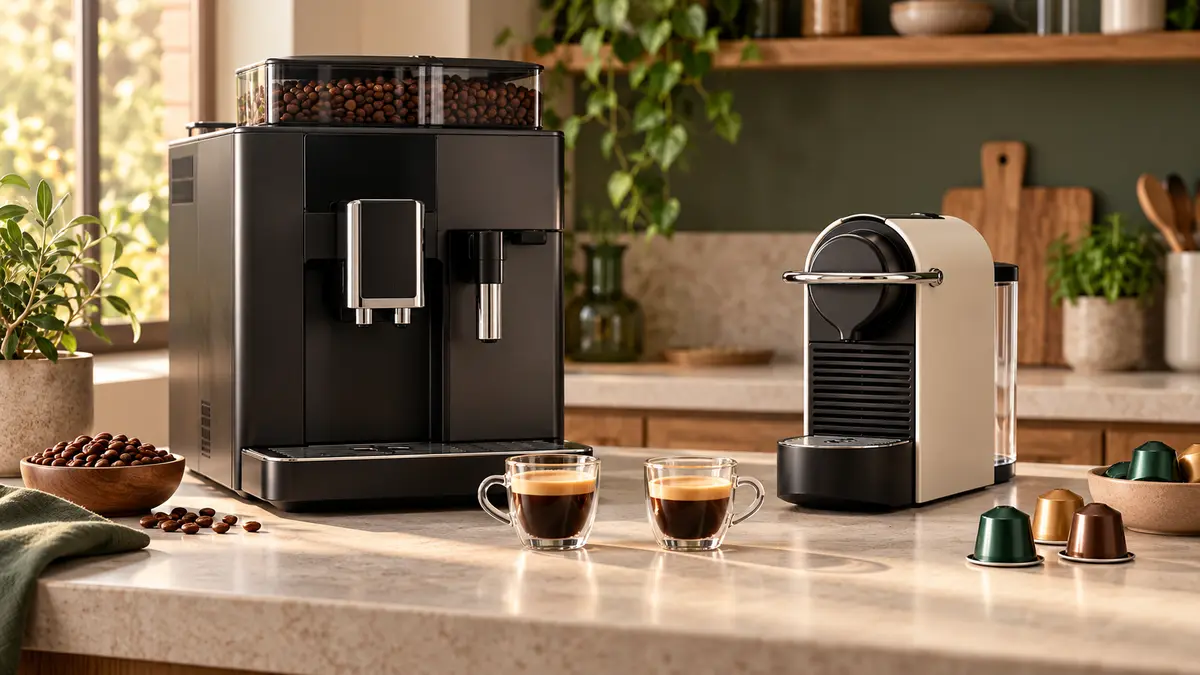 Cafetera superautomática y cafetera de cápsulas juntas en una encimera, con dos tazas de espresso.